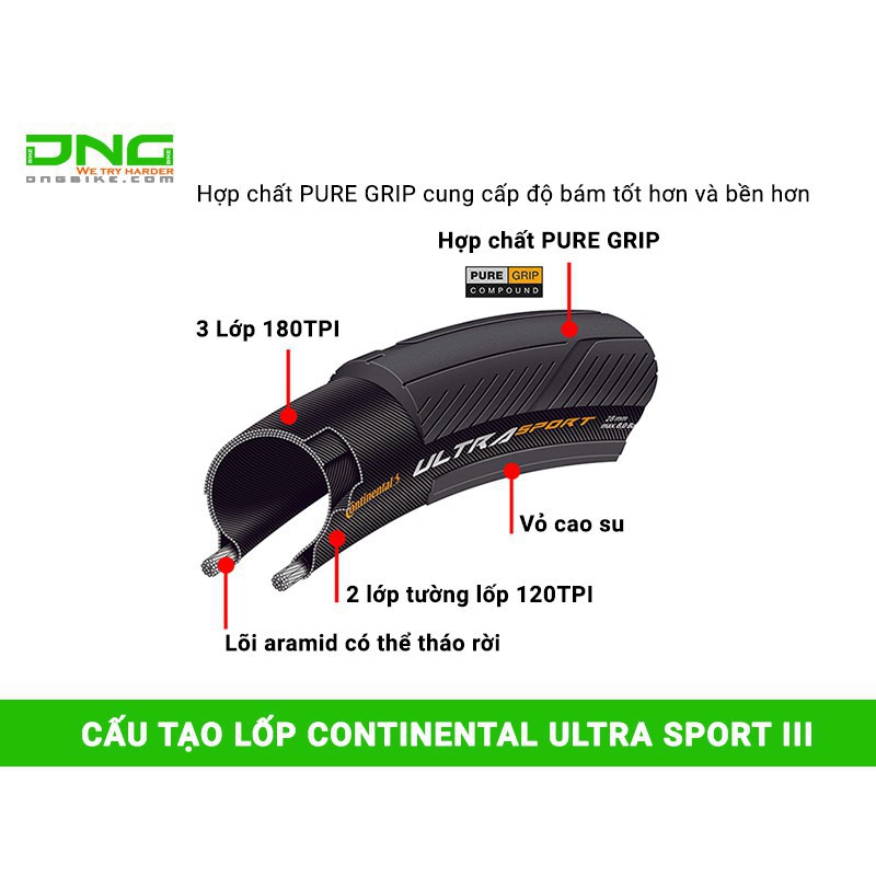 Lốp xe đạp Continental ULTRA SPORT III 700x23c tank nilon chữ vàng