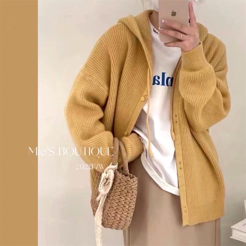 𝗺𝗶𝗲 𝘀𝘁𝘂𝗱𝗶𝗼 - HÀNG CÓ SẴN Áo khoác len có mũ dây rút cúc đôi dài tay