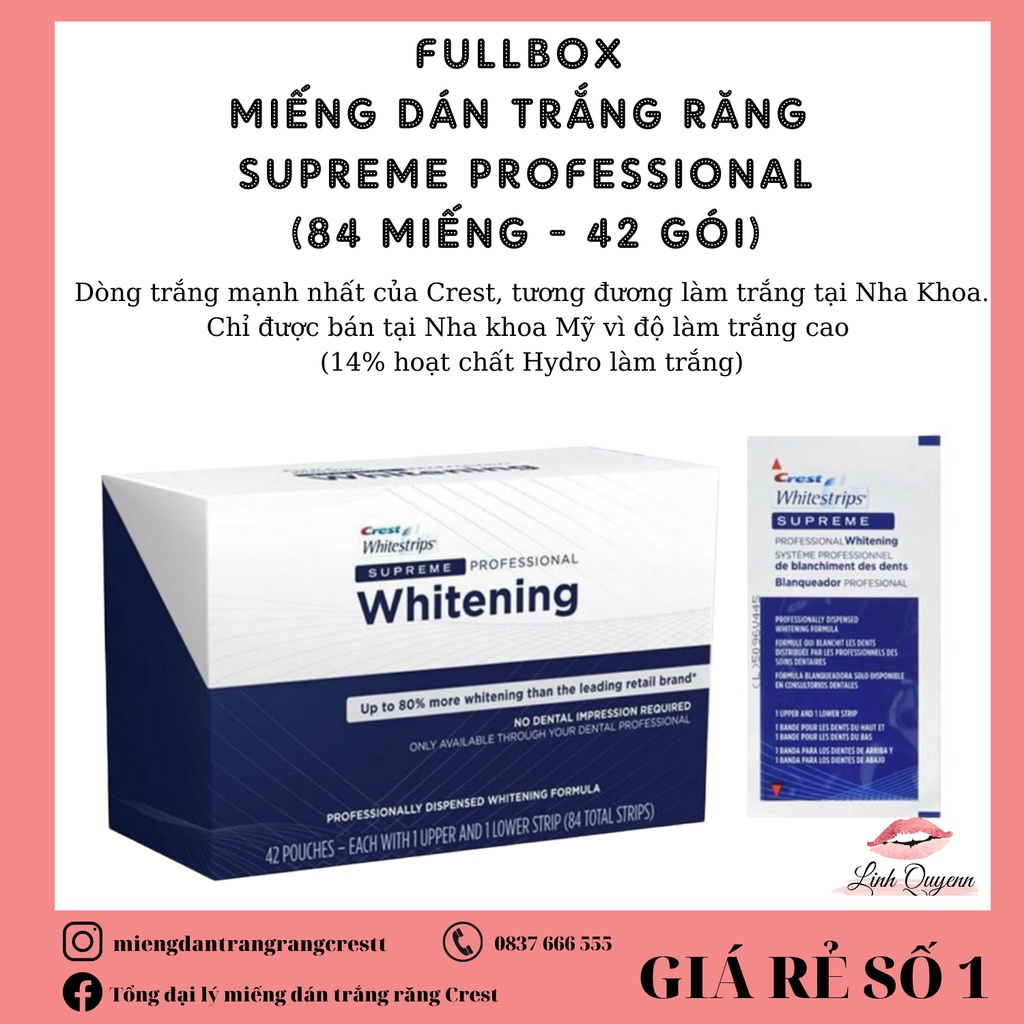 Fullbox Miếng dán trắng răng Crest Supreme Professional (42 gói)