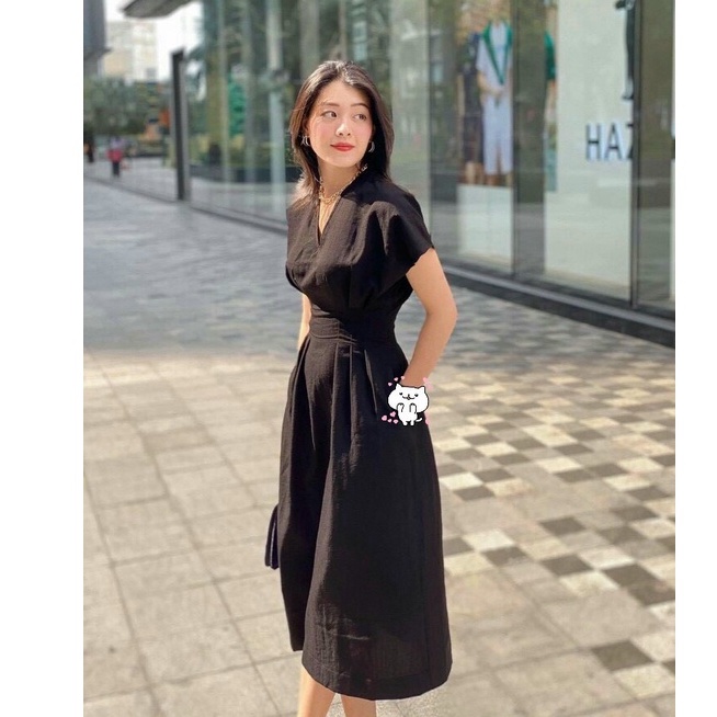 ĐẦM ĐEN XẾP LY CỔ TIM BO EO – VÁY ĐI TIỆC KHÔNG TÚI – GD218