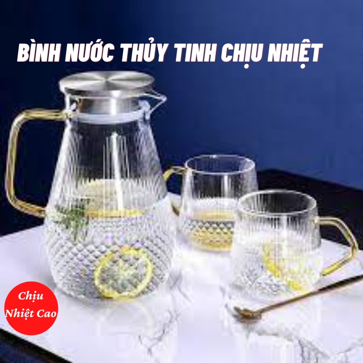 Bình Thủy Tinh Chịu Nhiệt Kèm 6 Cốc - Bình Vân Sọc Kim Cương Pha Lê Trong Suốt, Thiết Kế Sang Trọng Hàng Loại 1