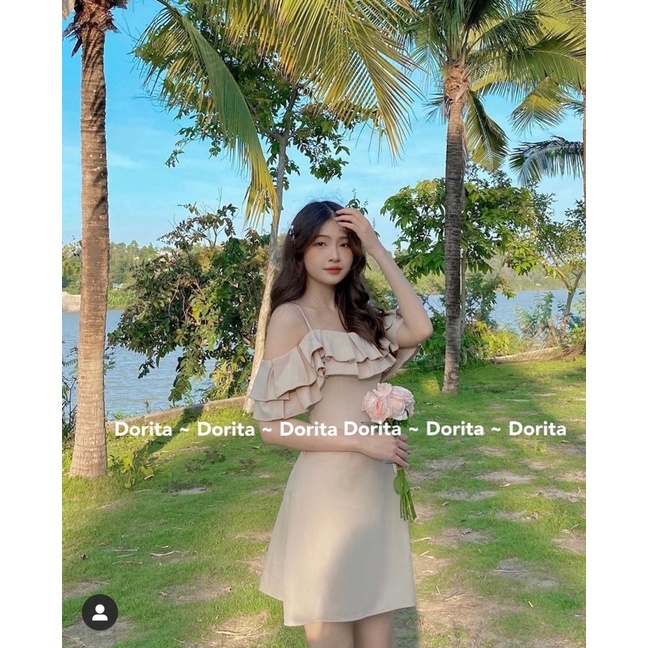 Váy 2 dây trễ vai viền bèo, Váy trắng dự tiệc viền bèo dáng xòe