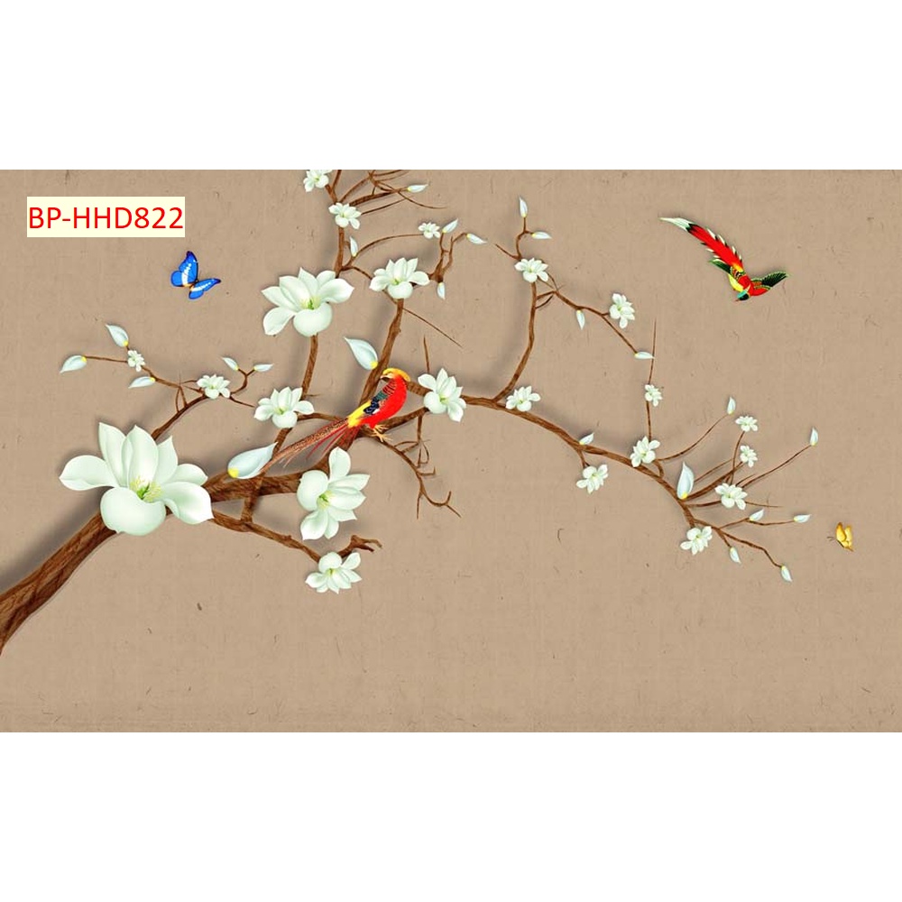 Tranh hoa mộc lan dán tường vải lụa 3d siêu bền đẹp không phai màu, chống thấm nước