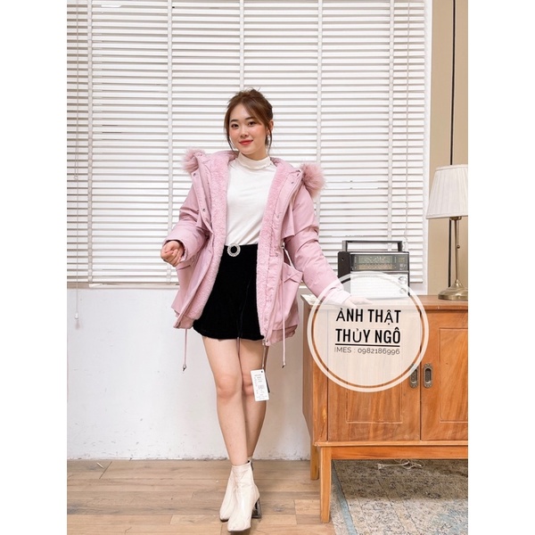 Áo Khoác Parka nữ lót lông mẫu mới 2021 dây rút eo túi ốp sành điệu Ulzzang Lông mũ tháo rời IMES SHOP 1476