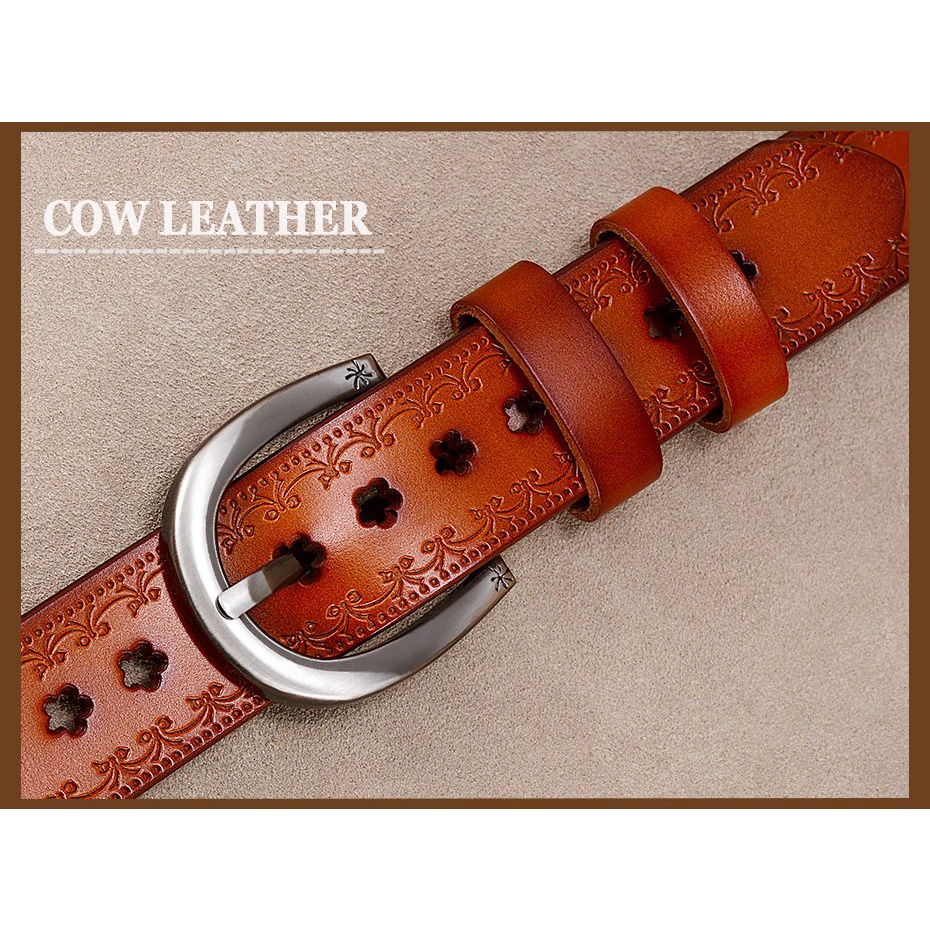Thắt Lưng Da Bò 2.8Cm Có Khóa Họa Tiết Hoa Phong Cách Vintage Thời Trang Cho Nữ
