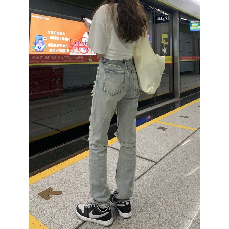 Quần jeans Nữ Dài Lưng Cao Mài Rách Thời Trang Hàn