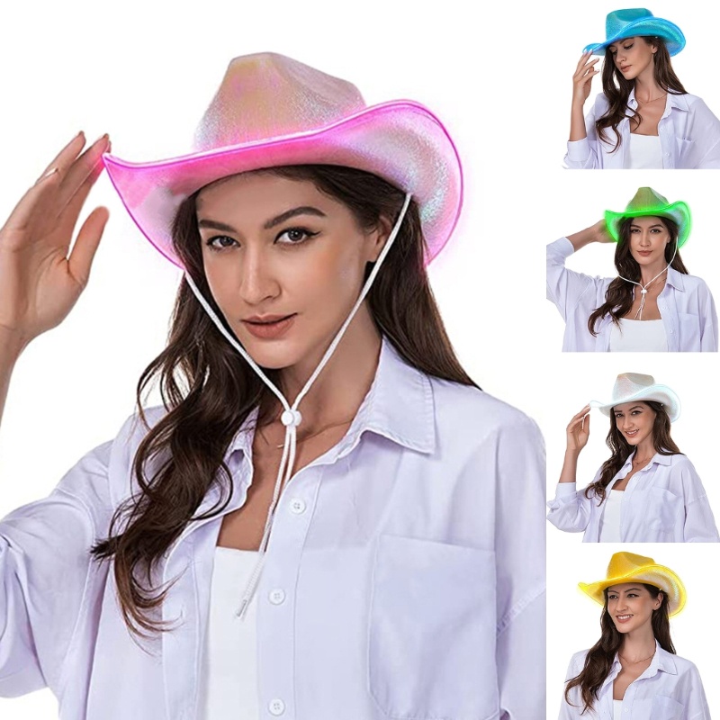 Brroa Mũ Cao Bồi Vải Nỉ Fedora Rộng Vành Có Đèn LED Thời Trang Vintage Phương Tây