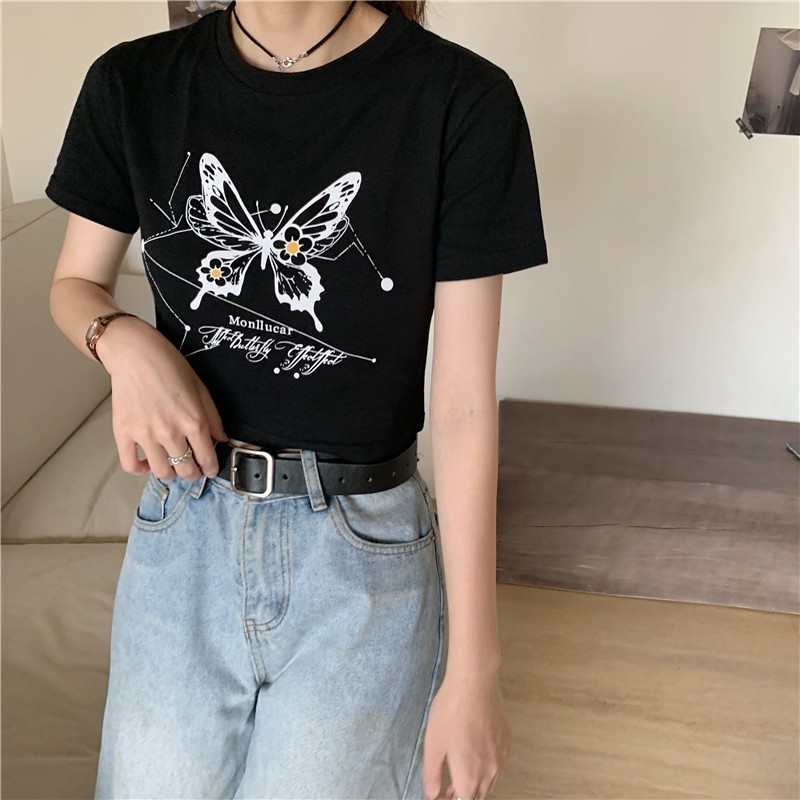 Áo crotop ngắn in họa tiết hình con bướm cute, áo crotop chất cottong co dãn mềm mịn