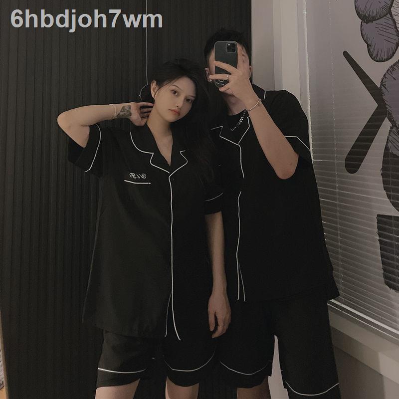 ♀Nhật Bản đơn giản chữ in vài bộ đồ ngủ phụ nữ mùa hè ngắn tay mỏng phù hợp với nam giới đồ ngủ mùa hè dịch vụ tại nhà
