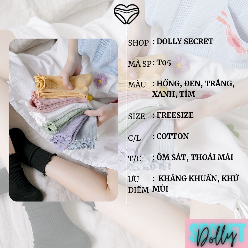 Tất nữ nhún cao cổ bèo dễ thương màu pastel trơn chất liệu cotton mềm mịn thoáng DOLLY SECRET T05