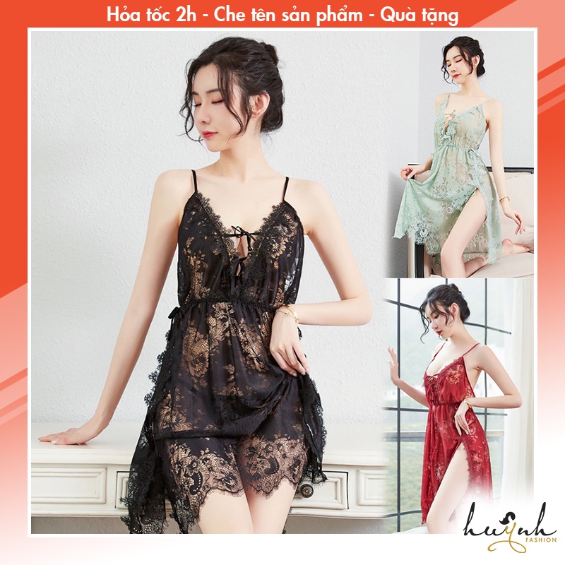 Đầm Ngủ Ren Xuyên Thấu Hai Dây Đan Chéo Hở Lưng Gợi Cảm - N71