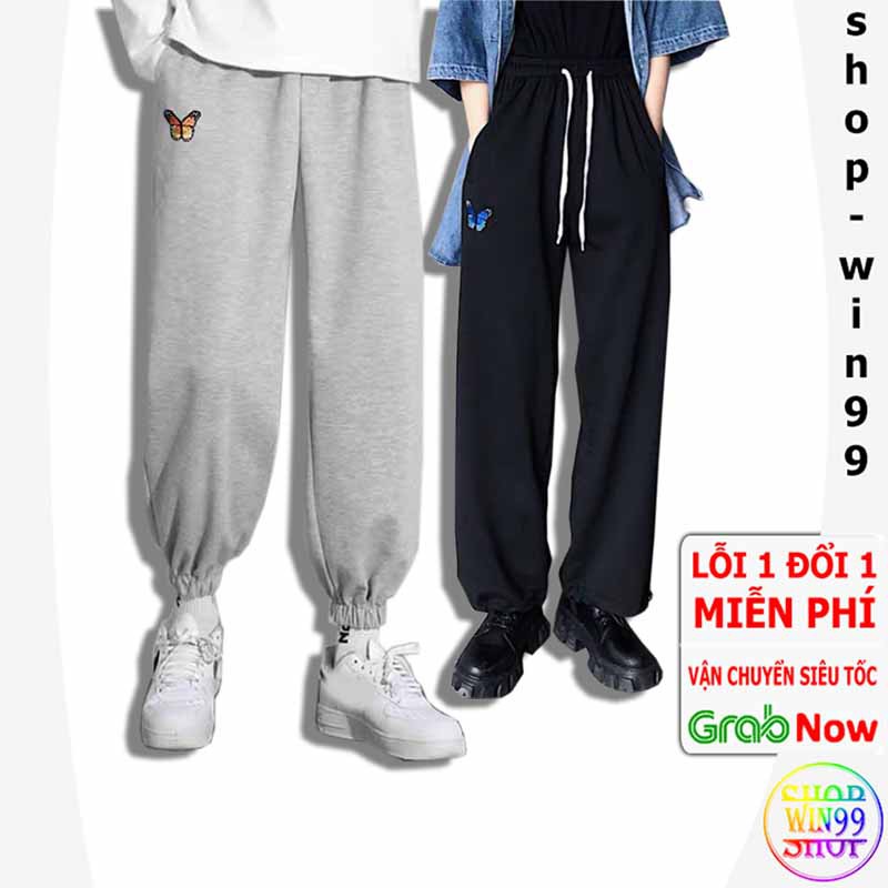 Quần Jogger Nỉ Ống Rộng Rút Dây Thêu bướm Nam Nữ Unisex, mặc 2 kiểu Bo Gấu và xuống Ullzang