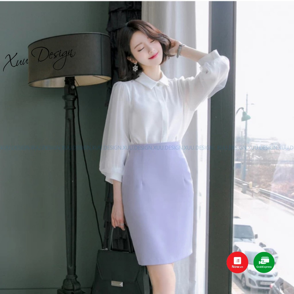 Áo sơ mi nữ công sở tay lỡ Xuu, vải lụa phối voan giấu cúc - TK20.01