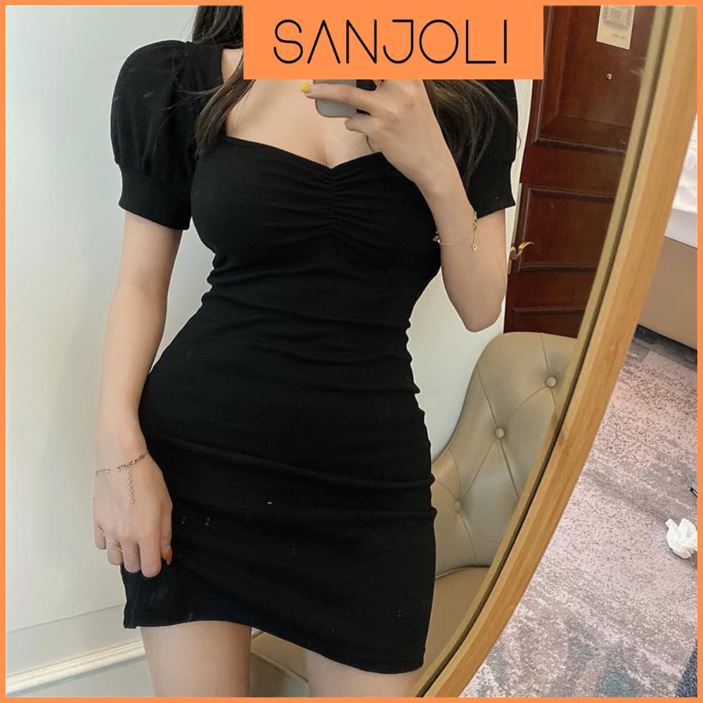 Váy Body Dáng Ôm Tay Phồng SANJOLI Đầm Body Nhún Ngực Chất Thun Nhún Eo Thiết Kế Thời Trang Đi Chơi Dự Tiệc VD063