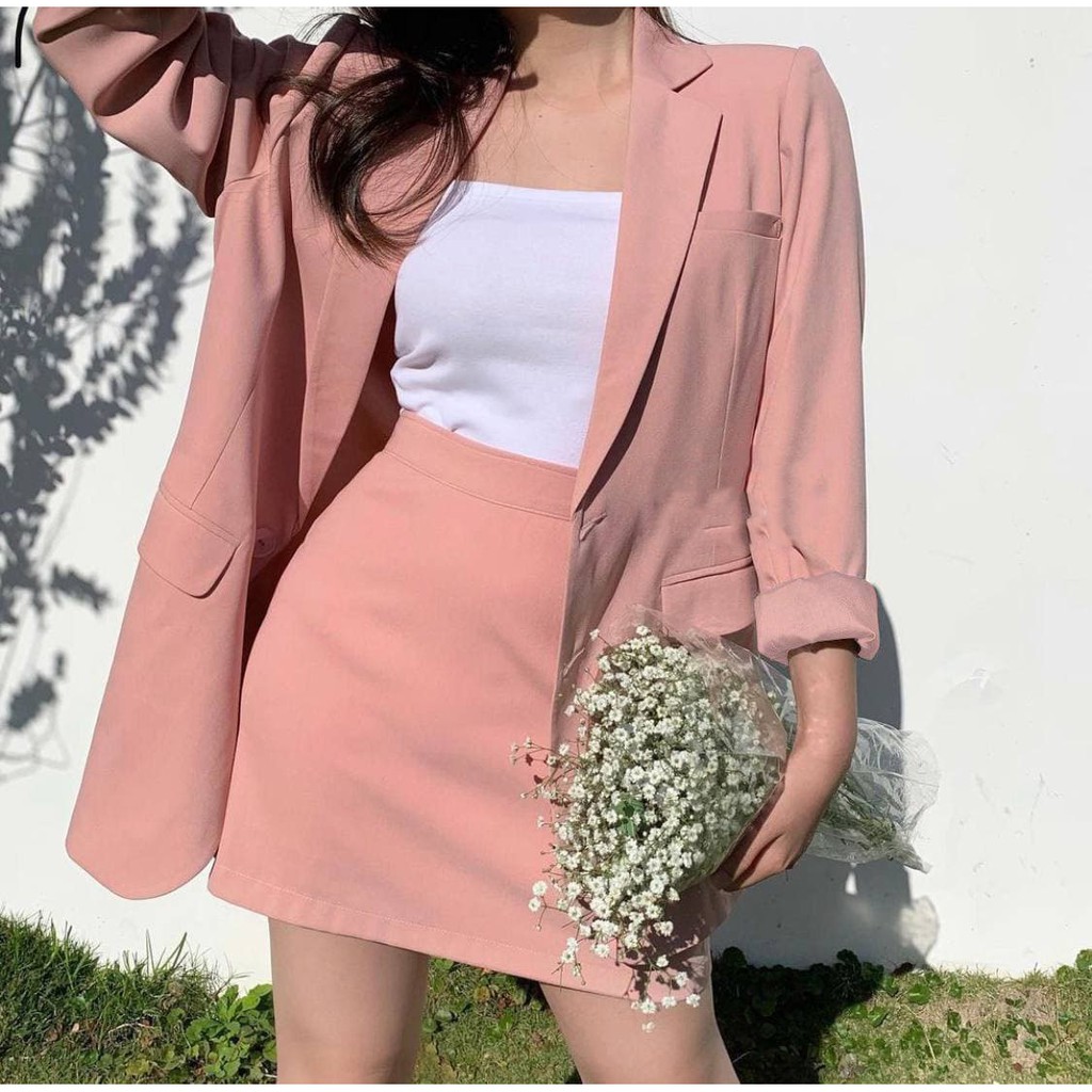 [Mã SKAMCLU7 giảm 10% tối đa 50K đơn 0Đ] Set Áo Vest + Chân Váy Chữ A (HỒNG)