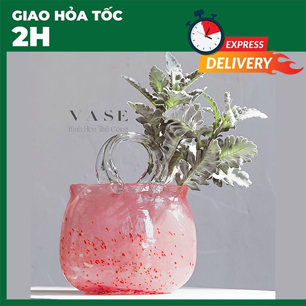 Giỏ Hoa Thủy Tinh Hồng - Cắm Hoa - Quà Tặng- Trang Trí - Cao Cấp