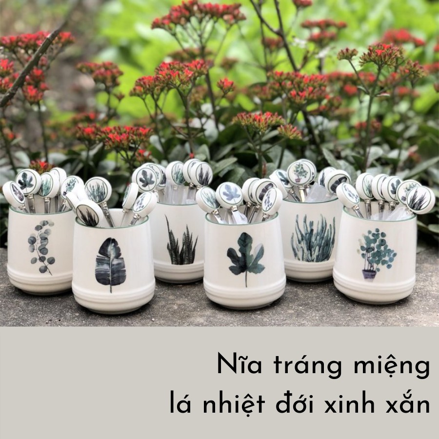 Bộ dĩa tráng miệng 6 chiếc kèm lọ sứ, nĩa có tay cầm gốm - họa tiết lá cây vintage cực xinh xắn, trang nhã [CÓ SẴN]