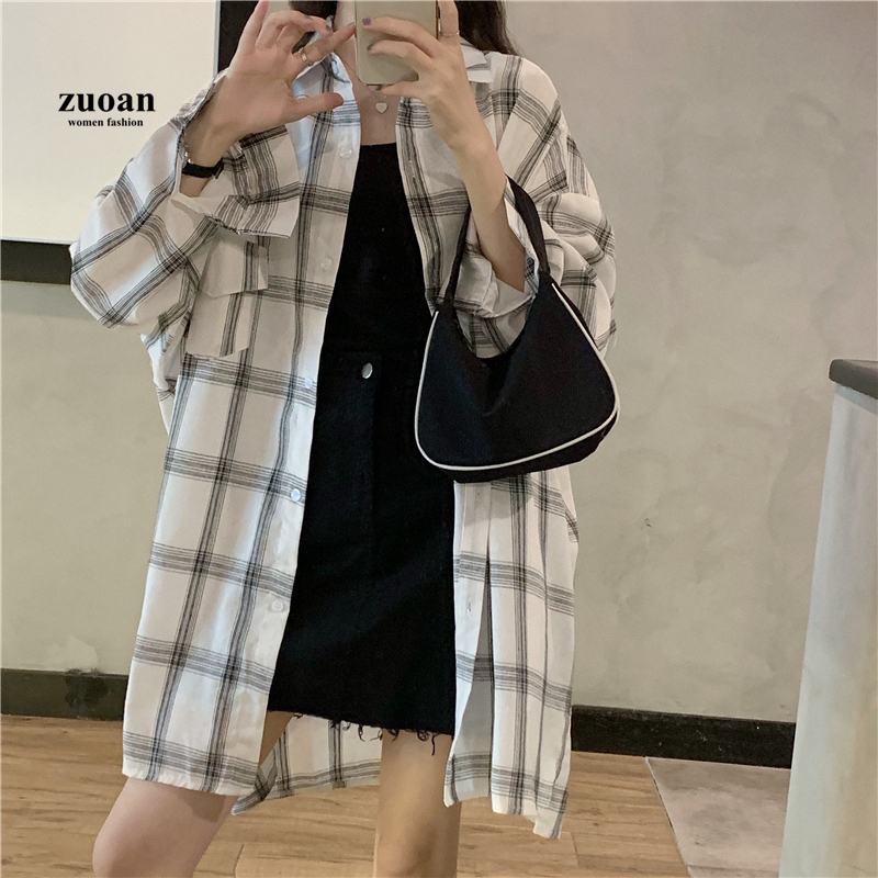 SUXI Áo sơ-mi tay dài họa tiết kẻ ca rô hợp thời trang cho nữ