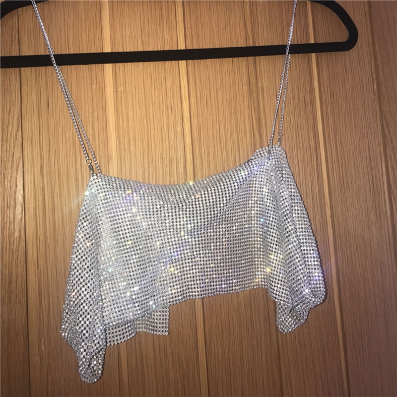 Áo Croptop Sát Nách Hở Lưng Đính Đá Lấp Lánh Màu Vàng / Bạc Quyến Rũ