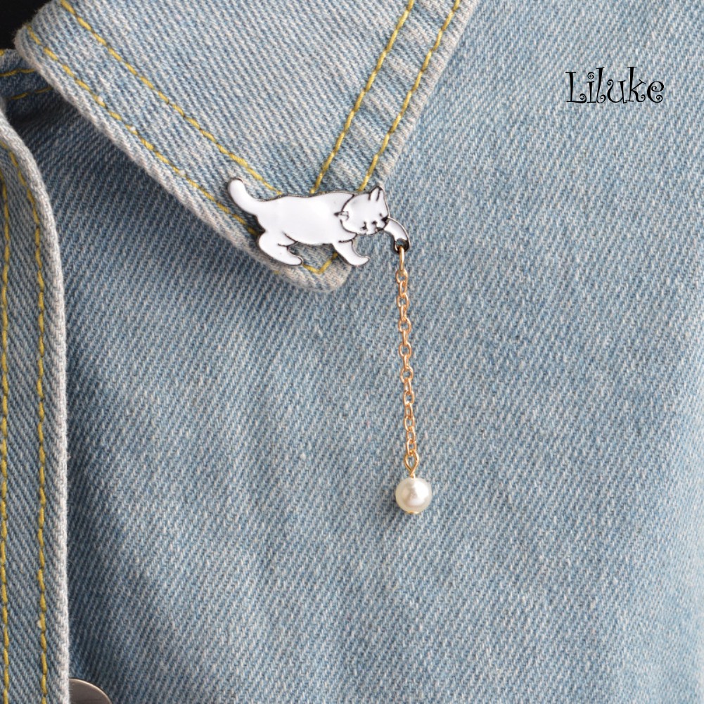 Ghim Cài Áo Hình Chú Mèo Đính Ngọc Trai Nhân Tạo Thời Trang