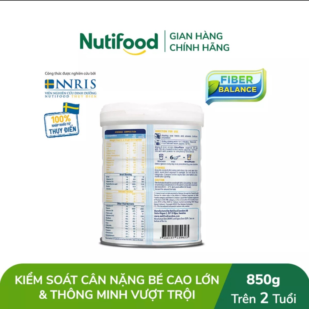 [HSD T7-2023] Sữa Bột Nuti Grow PLUS+ Trắng Cho Trẻ Trên 2 Tuổi 850g