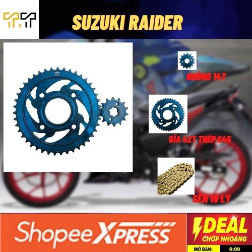 Bộ nhông sên dĩa Suzuki Raider ( màu xanh), Thép C45, bảo hành 6 tháng 1 đổi 1 - Cam kết sên mượt, bền - Tây Thành Shop