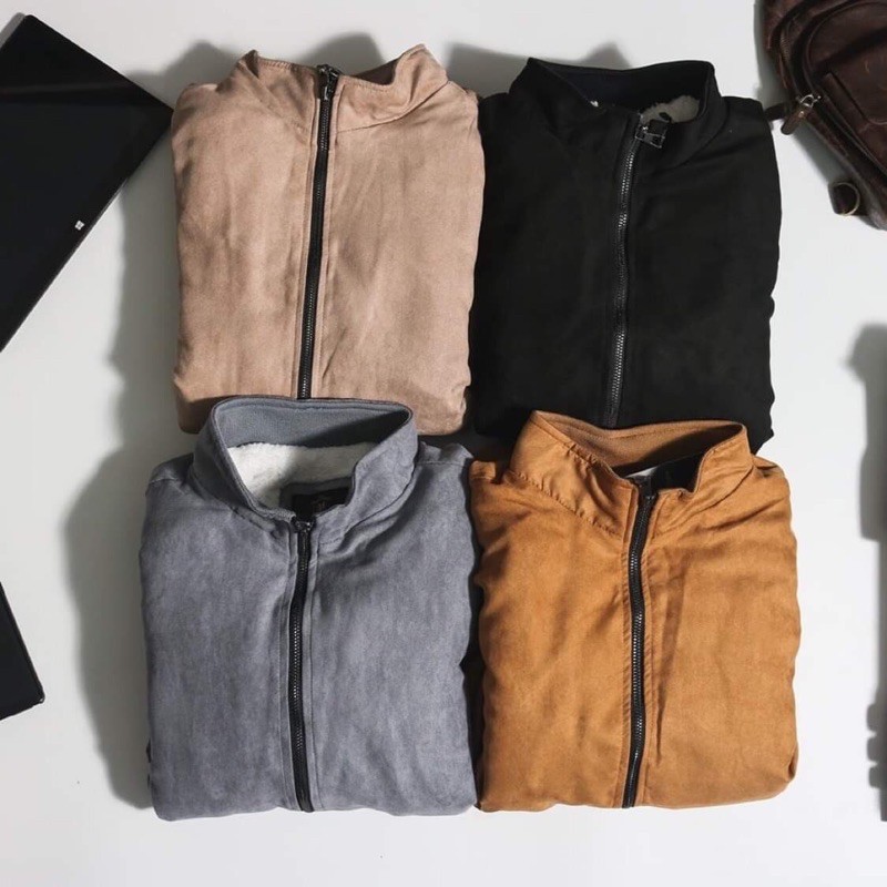 Áo khoác da lộn nam lót lông cừu cổ cao bomber đẹp cao cấp hàng hiệu mặc thu đông siêu ấm áp HunT