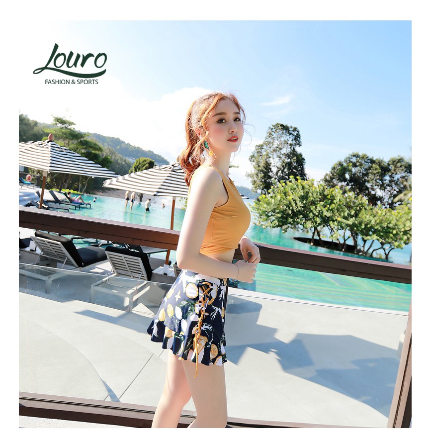 Bikini đi biển kín đáo 3 món Louro, gồm áo bơi nữ tay ngắn thắt và 2 quần váy bơi phong cách đồ bơi hàn quốc - SW03 | BigBuy360 - bigbuy360.vn