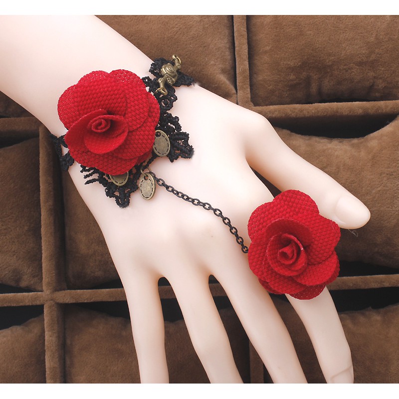 Vòng tay liền nhẫn choker vải ren đen hoa hồng đỏ phong cách mẫu mới hot CKV74