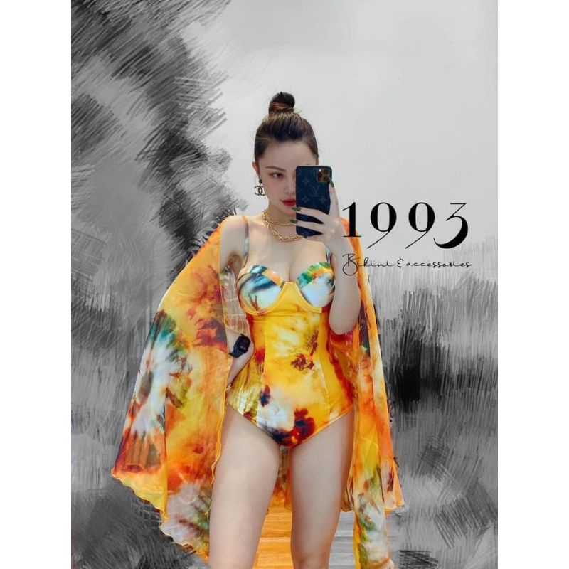 Set bikini đồ bơi bộ bơi nữ đi biển liền thân gọng nâng ngực họa tiết hoa kèm khăn voan siêu sang chảnh EVA LTGHK