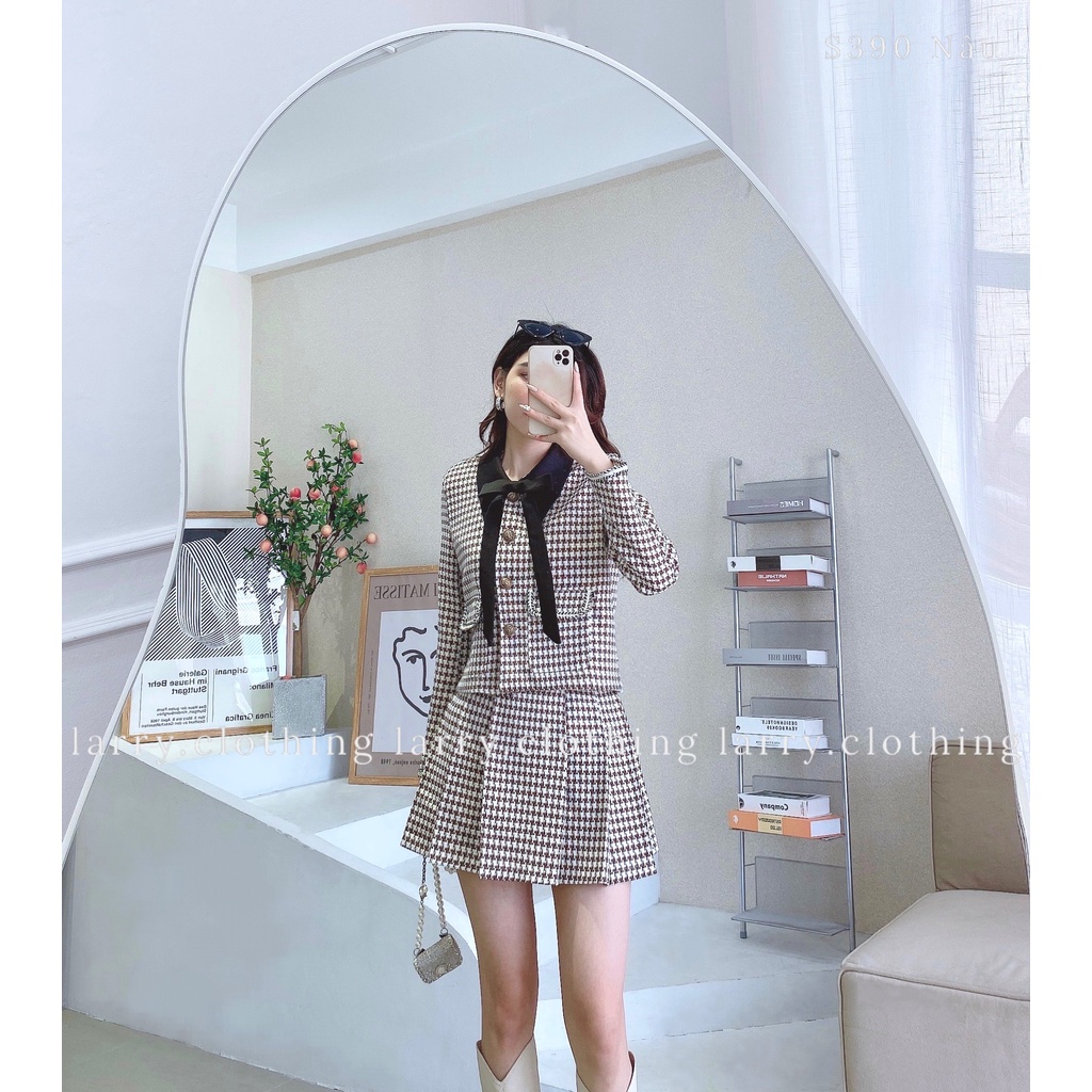 Set dạ tweed nữ thiết kế tay dài đính cúc bọc kèm chân váy ngắn trẻ trung thời trang thiết kế Larry Clothing S390