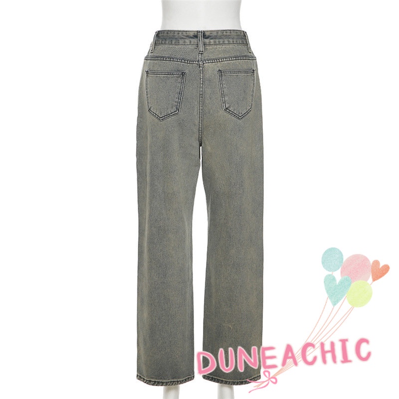 DUNEA Quần Denim Lưng Thấp In Họa Tiết Vintage Cá Tính Cho Nữ