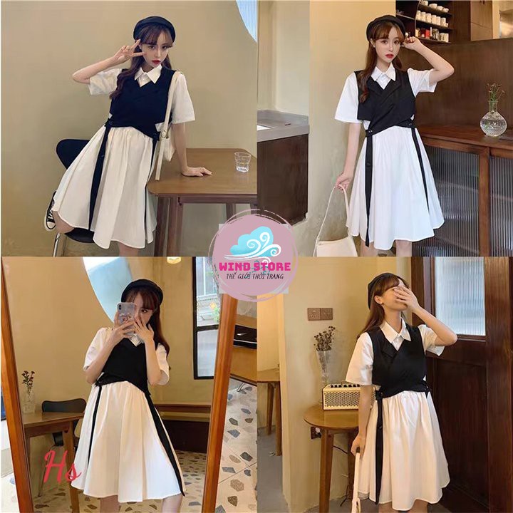 [ Có Ảnh Thật + Đánh Giá ] Set Váy Sơ Mi Kèm Gile Chiết Eo Đai Tách Mềm Mịn Không Nhăn Hot Trend 2021Wind Store