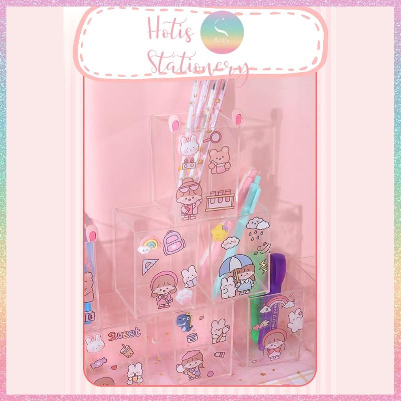 [HOTIS] Ống đựng bút trong suốt xinh xắn decor bàn học, bàn làm việc - Tặng kèm sticker trang trí