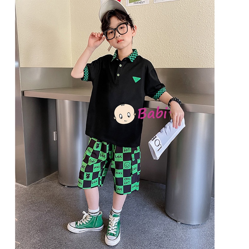 Bộ Cho Bé Trai Tay Ngắn Cổ Trụ Caro Quần Túi Hộp Sành Điệu, Bộ Babi cổ bẻ thun cotton cao cấp size đại 20-55kg 6-14 tuổi