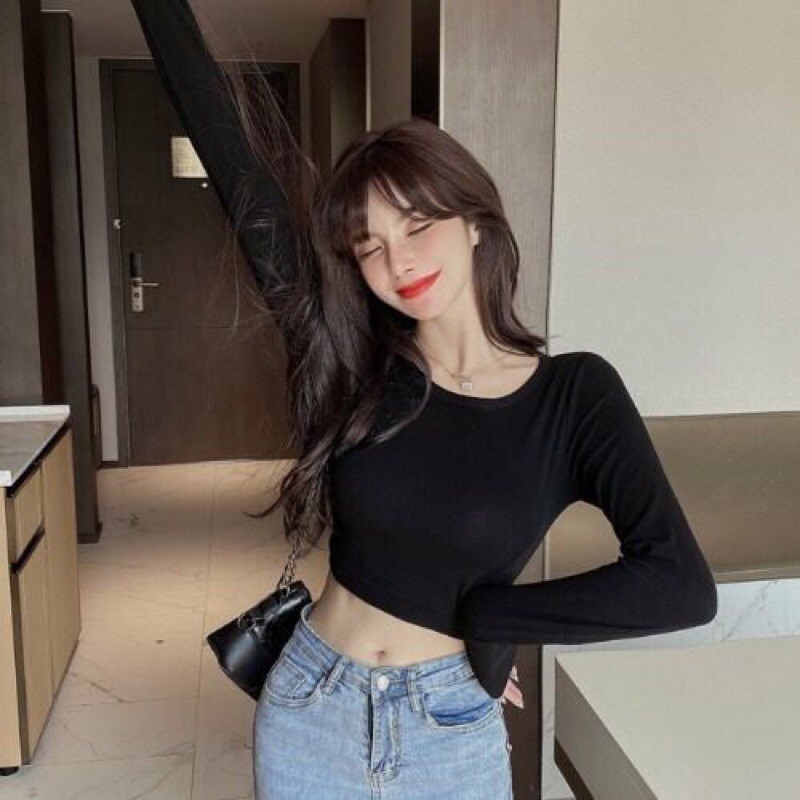 Áo croptop tay dài đang body cổ tròn | BigBuy360 - bigbuy360.vn