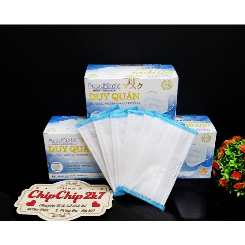 (New) Hộp khẩu trang y tế 4 lớp trắng viền xanh kháng khuẩn 50 cái
