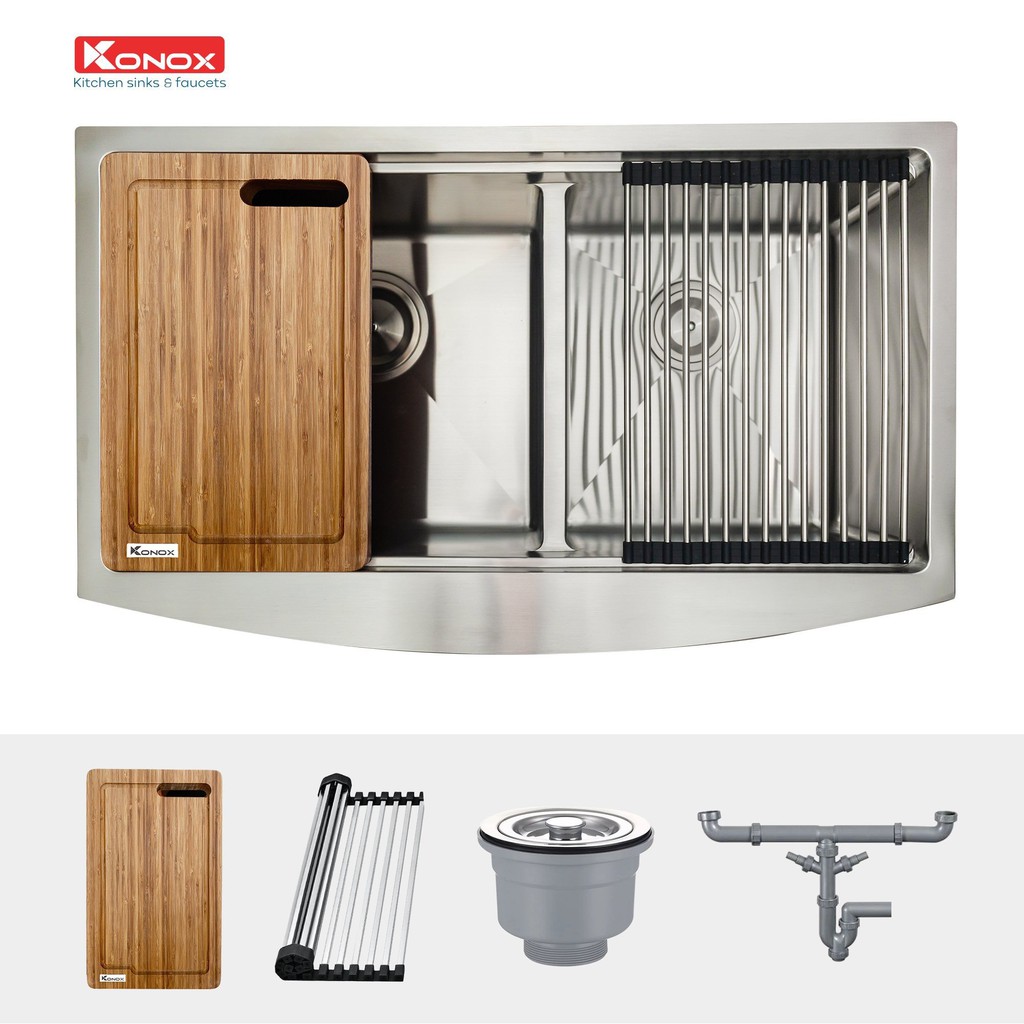 Chậu rửa bát inox đúc nguyên khối  KONOX Apron Series KN8450DA, inox 304AISI, full set gồm Siphon+Thớt gỗ+Rollmat