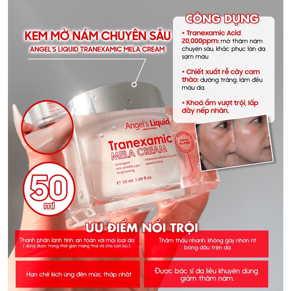 Combo 2 Sản Phẩm Giảm Thăm, Đỏ Mờ Nám Chuyên Sâu Angel's Liquid Tranexamic (Siêu Tinh Chất  30ml + Kem Nám 50ml)