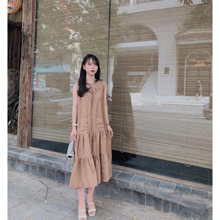 Váy midi sát nách cổ tròn phối bèo hai túi đuôi cá tầng 0VMD.01098