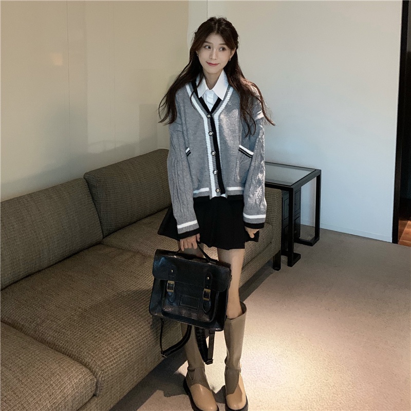 Order 7-10 ngày Áo len dệt kim dài tay cổ chữ v màu tương phản phụ nữ mặc ngoài áo cardigan