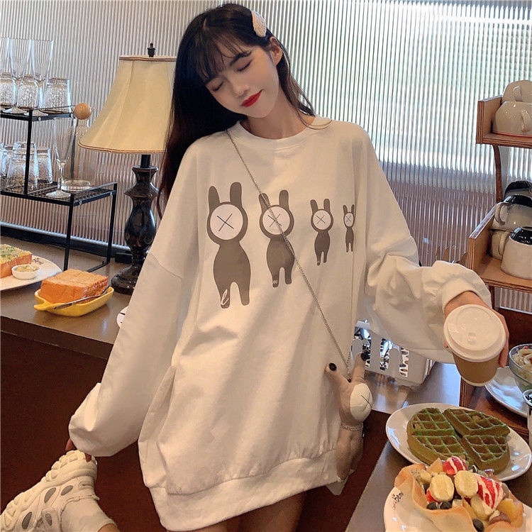 Áo Sweater Tay Dài Cổ Tròn Dáng Rộng In Hoạt Hình Kiểu Hàn Quốc Thời Trang Mùa Thu Cho Nữ 2021
