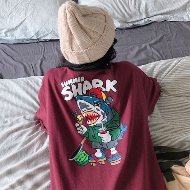 Áo thun Hình Thật SUMMER SHARK Áo Thun tay lỡ