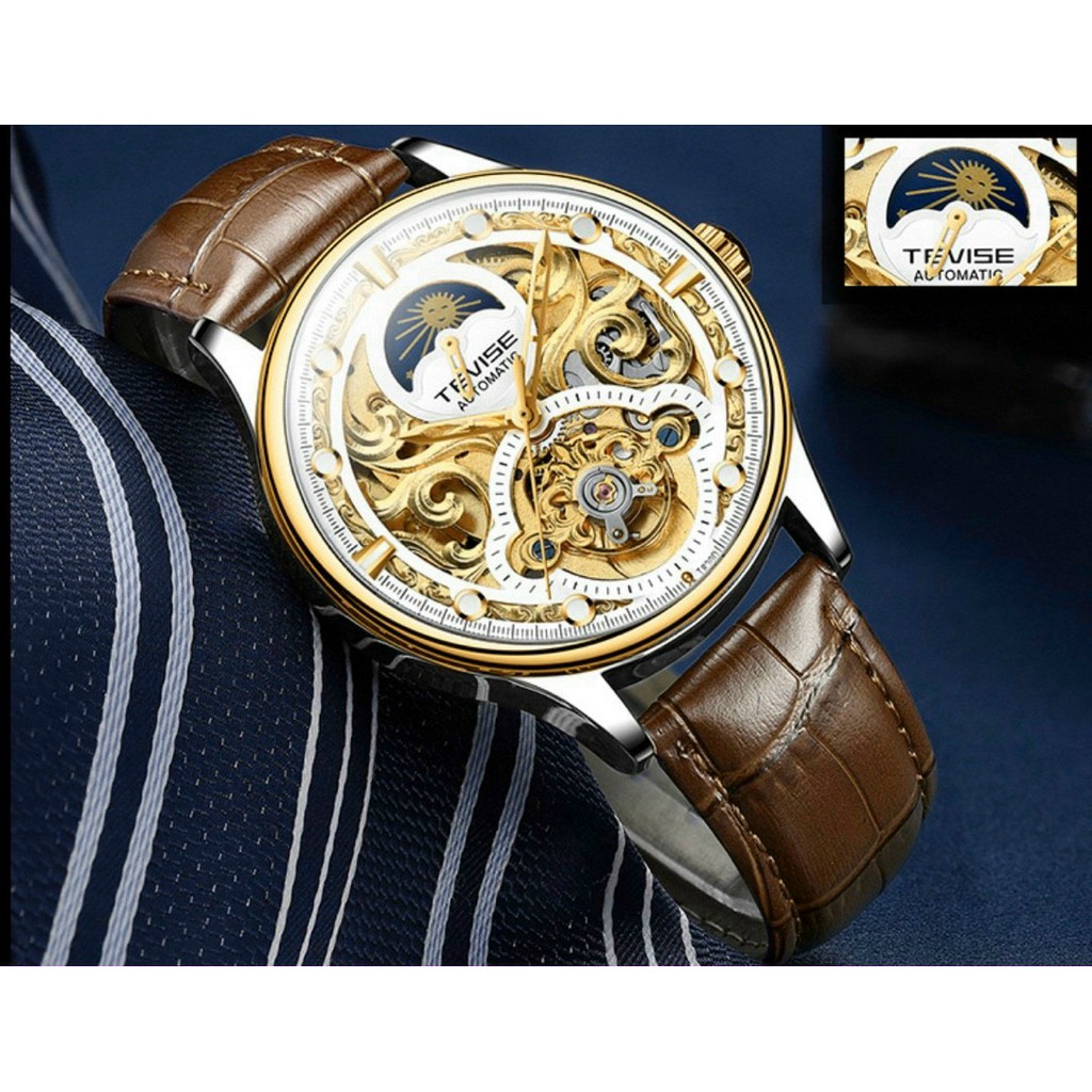 Đồng hồ cơ nam Automatic không cần pin, đồng hồ nam dây da TEVISE mẫu mã thời trang, chống nước, cao cấp