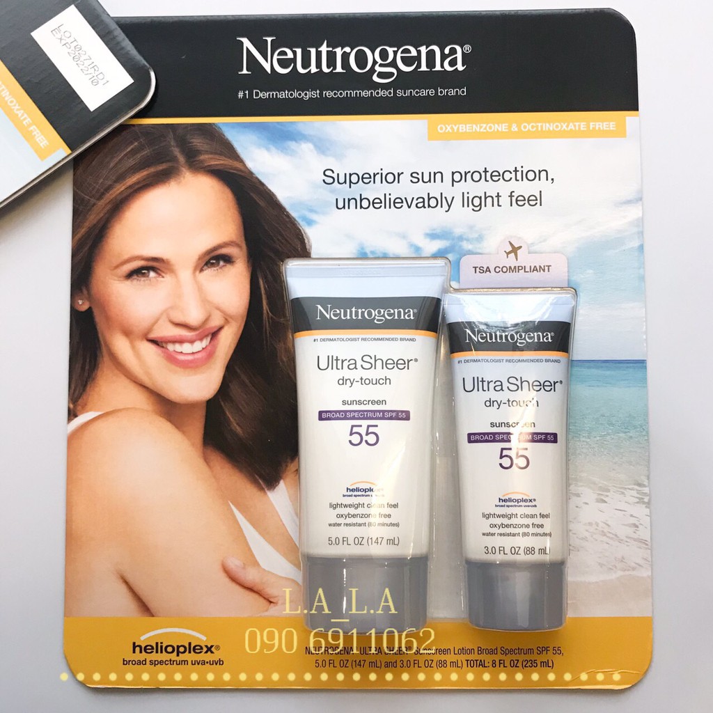 [Nguyên set 2 tuýp 88ml + 147ml]  Kem chống nắng Neutrogena Ultra Sheer Dry Touch Sunscreen Broad Spectrum SPF 55+