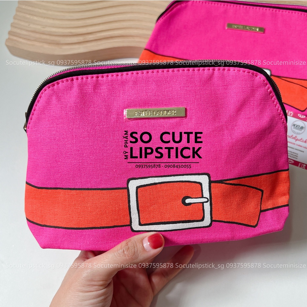 Túi Đựng Mỹ Phẩm Estee Lauder Hồng + Cam Họa Tiết Dây Thắt Lưng