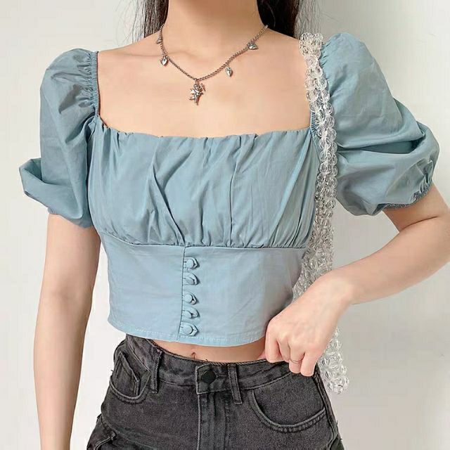 (SẴN) Áo croptop cổ vuông xanh da trời M9