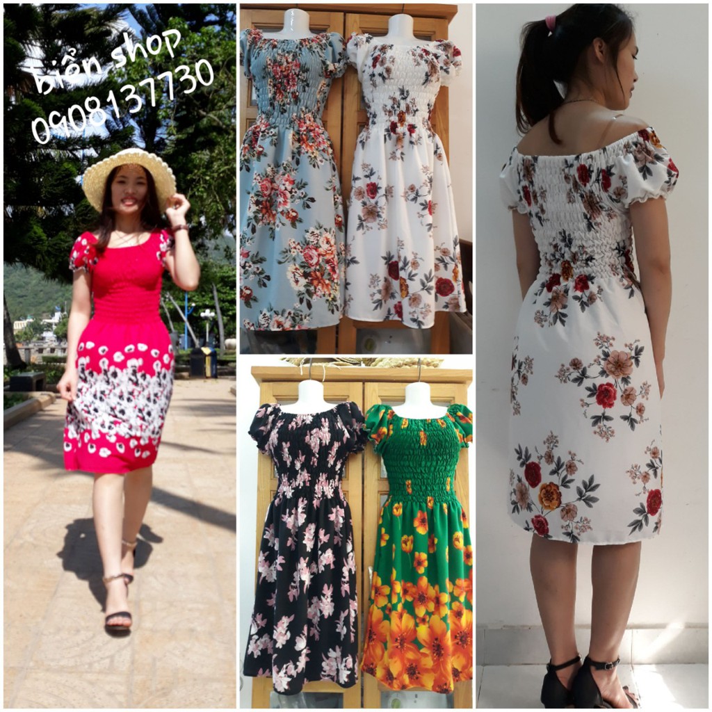Đầm bẹt vai đi biển ngắn [nhiều màu]