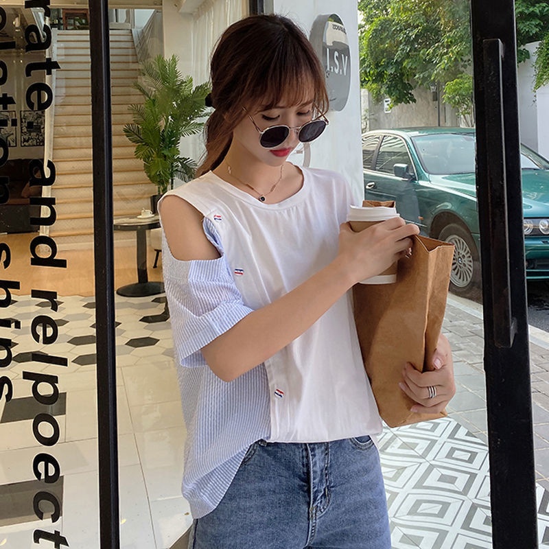 Áo thun tay ngắn cổ tròn họa tiết kẻ sọc hợp thời trang