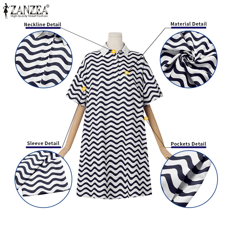 Đầm ZANZEA ngắn tay họa tiết lượn sóng thời trang cho nữ
